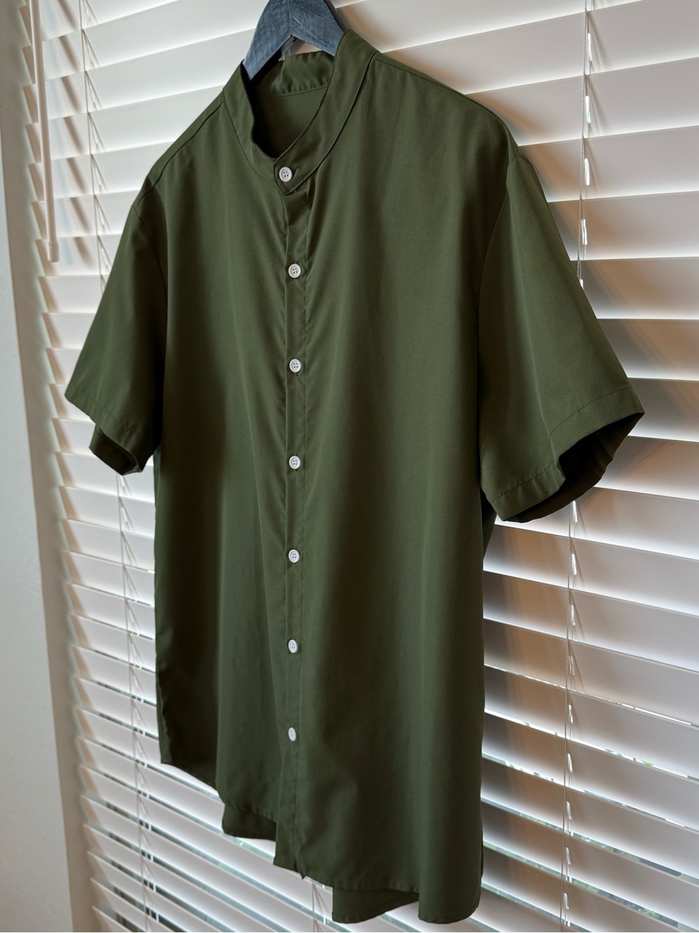 Olive Green Collarless Short-Sleeve Button-Up Shirt - Men’s Size XL